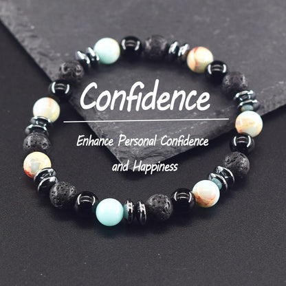 Classic Black Natural Labradorite and Volcanic Stone Beads Bracelet