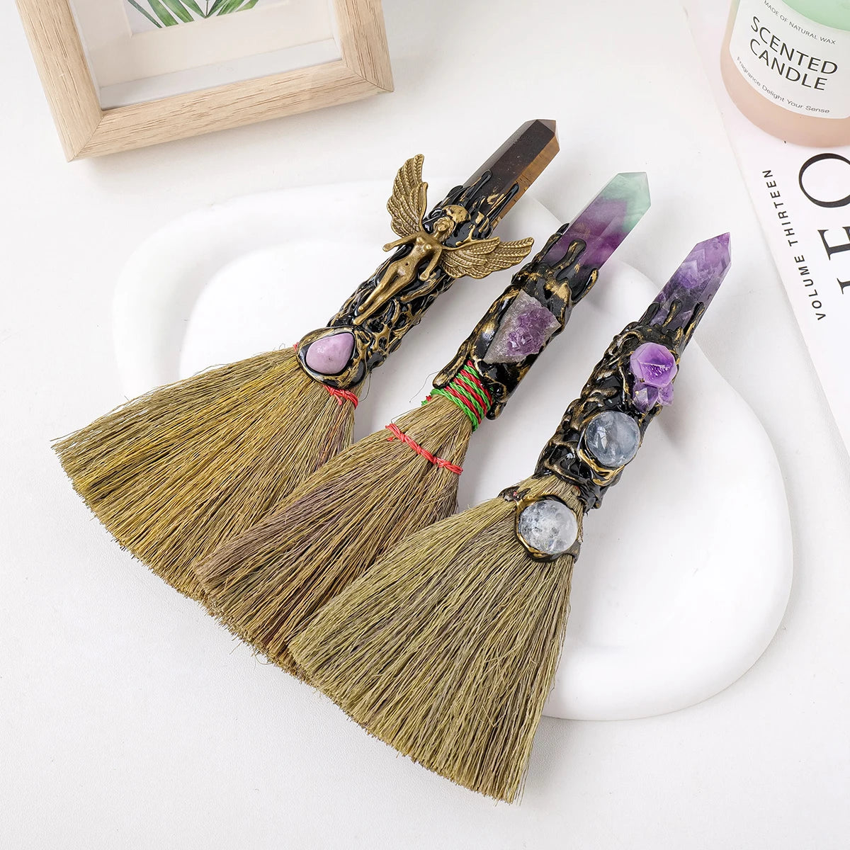 1PC Natural Crystal Point Stone Amethyst Feather Broom