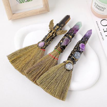 1PC Natural Crystal Point Stone Amethyst Feather Broom