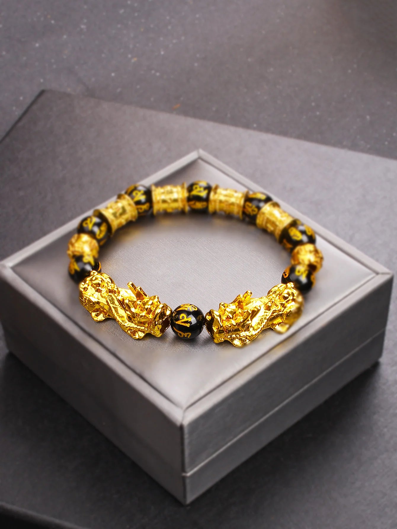 10mm Gold Pixiu Black Obsidian Dragon Mantra Bracelet