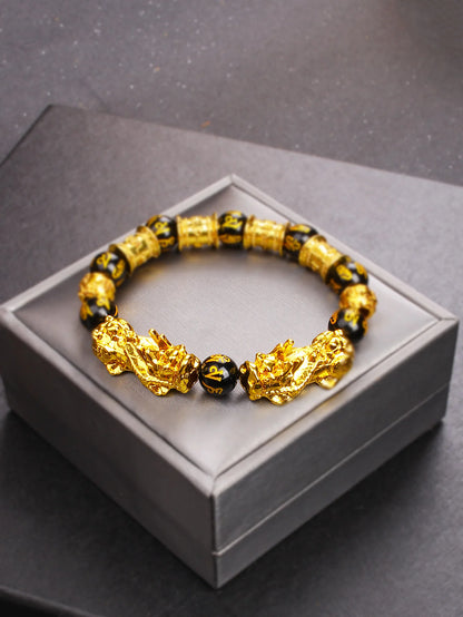 10mm Gold Pixiu Black Obsidian Dragon Mantra Bracelet