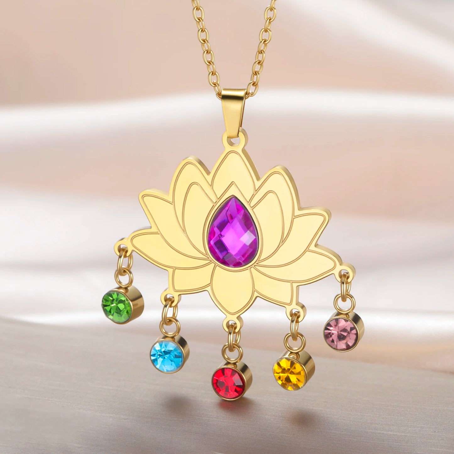 Gold-Plated 7 Chakra Lotus Flower Necklace