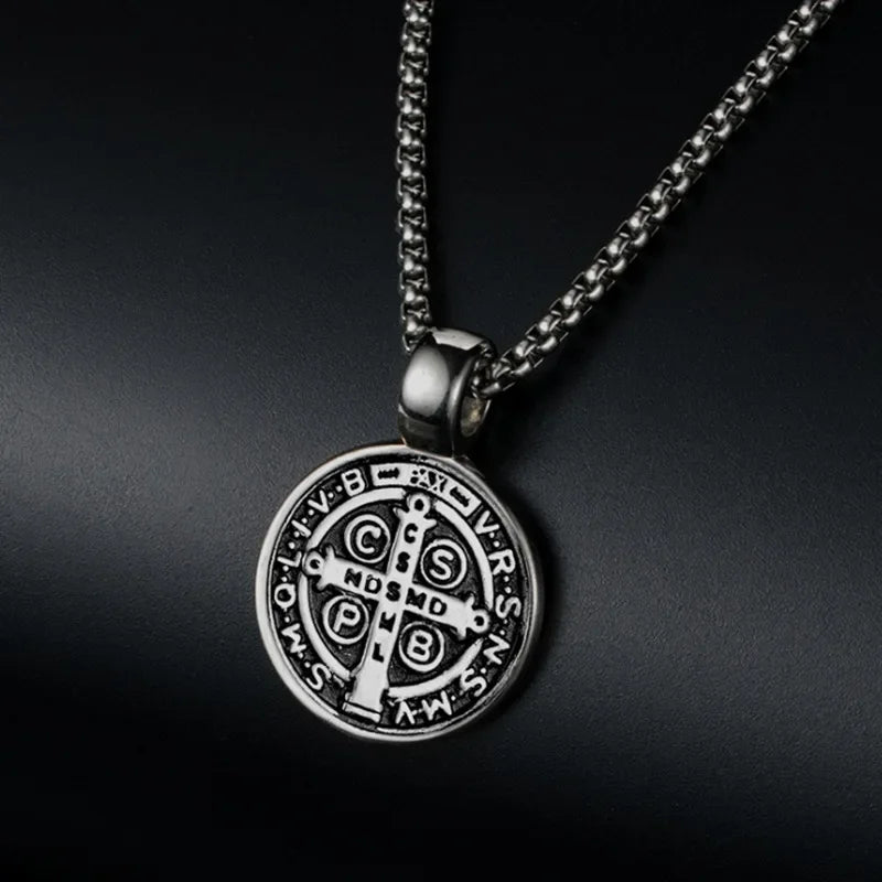 Stainless Steel Saint St. Benedict Collar Medal Necklace