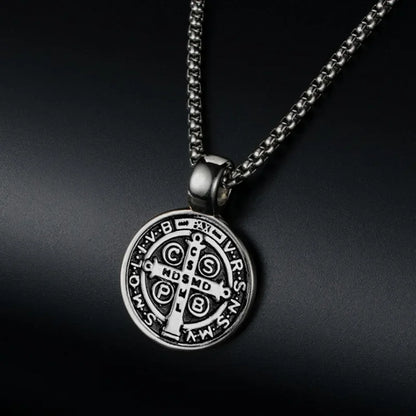 Stainless Steel Saint St. Benedict Collar Medal Necklace