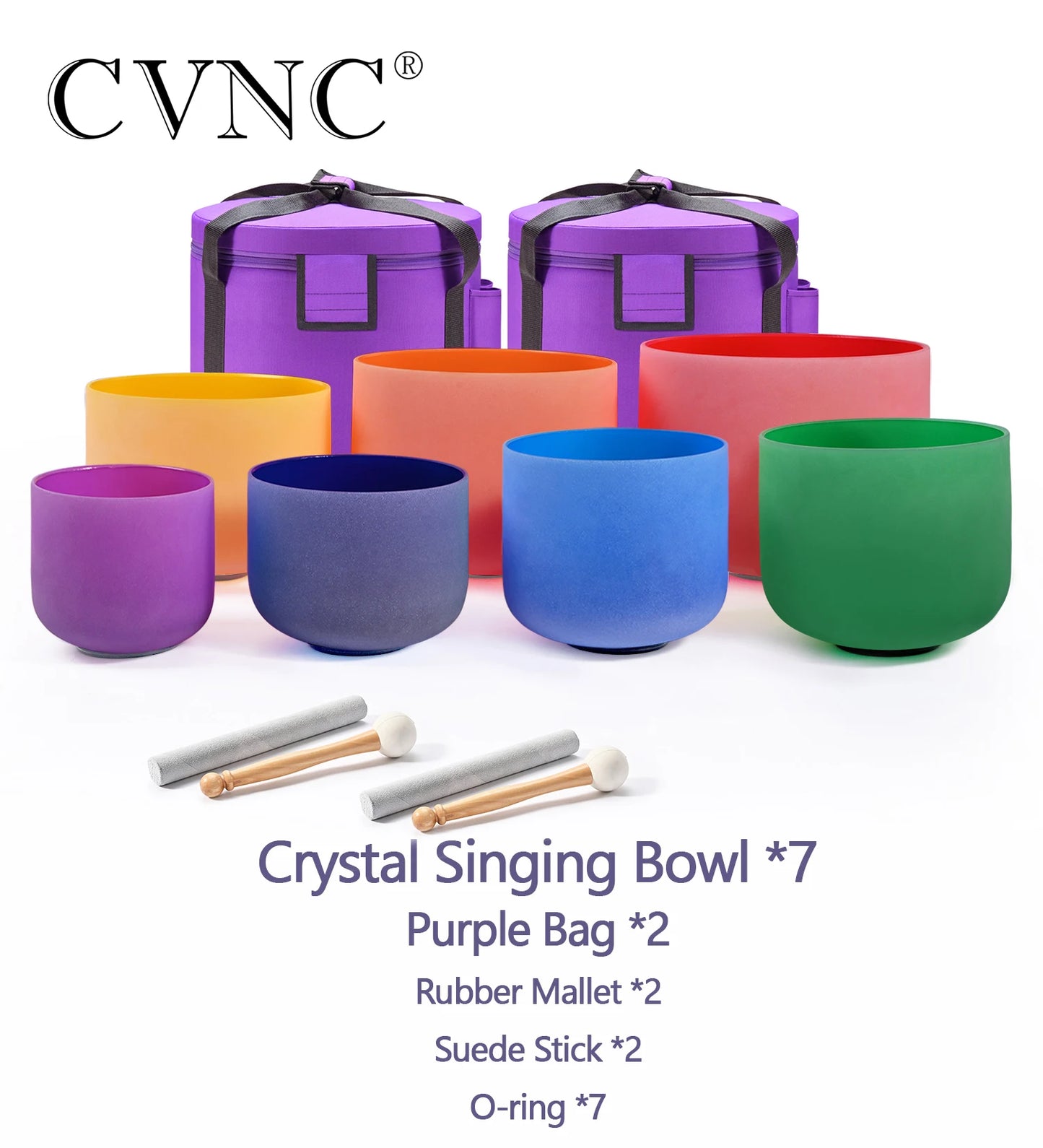 CVNC 7-Piece Colored Frosted Quartz Crystal Singing Bowls Chakra Set (6–12 Inches)
