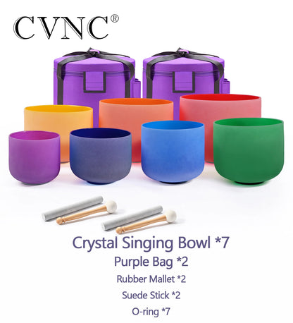 CVNC 7-Piece Colored Frosted Quartz Crystal Singing Bowls Chakra Set (6–12 Inches)