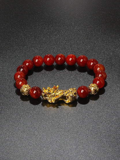 10mm Gold Pixiu Black Obsidian Dragon Mantra Bracelet