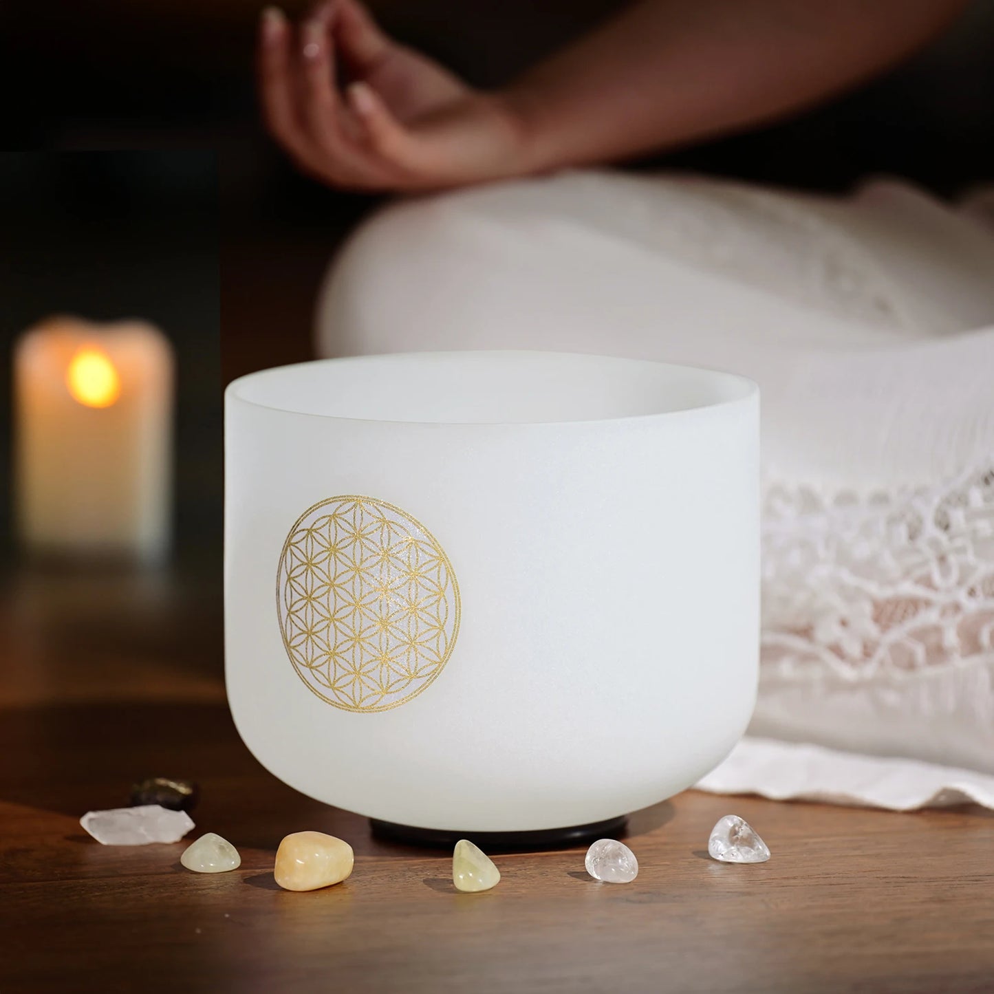 CVNC 528Hz 8-Inch C Note Flower of Life Frosted Quartz Crystal Singing Bowl