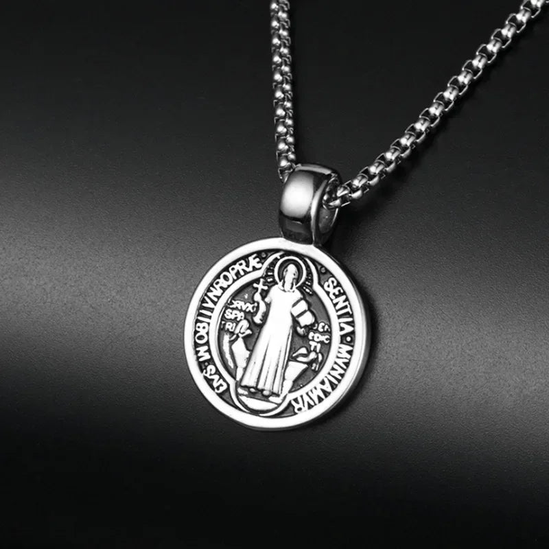 Stainless Steel Saint St. Benedict Collar Medal Necklace