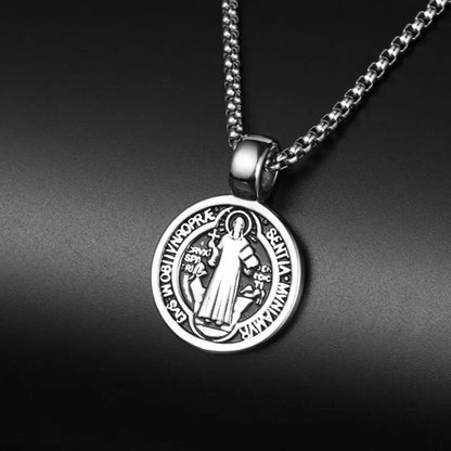 Stainless Steel Saint St. Benedict Collar Medal Necklace