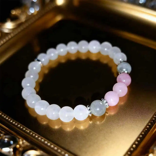 Handmade Moonlight White Jade, Labradorite, and Rose Quartz Bracelet