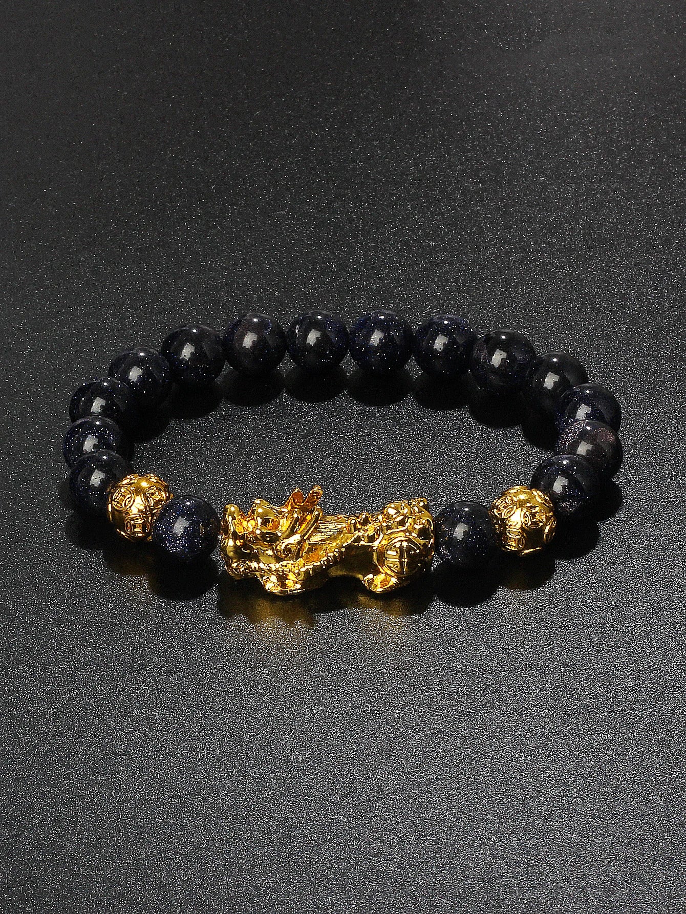 10mm Gold Pixiu Black Obsidian Dragon Mantra Bracelet