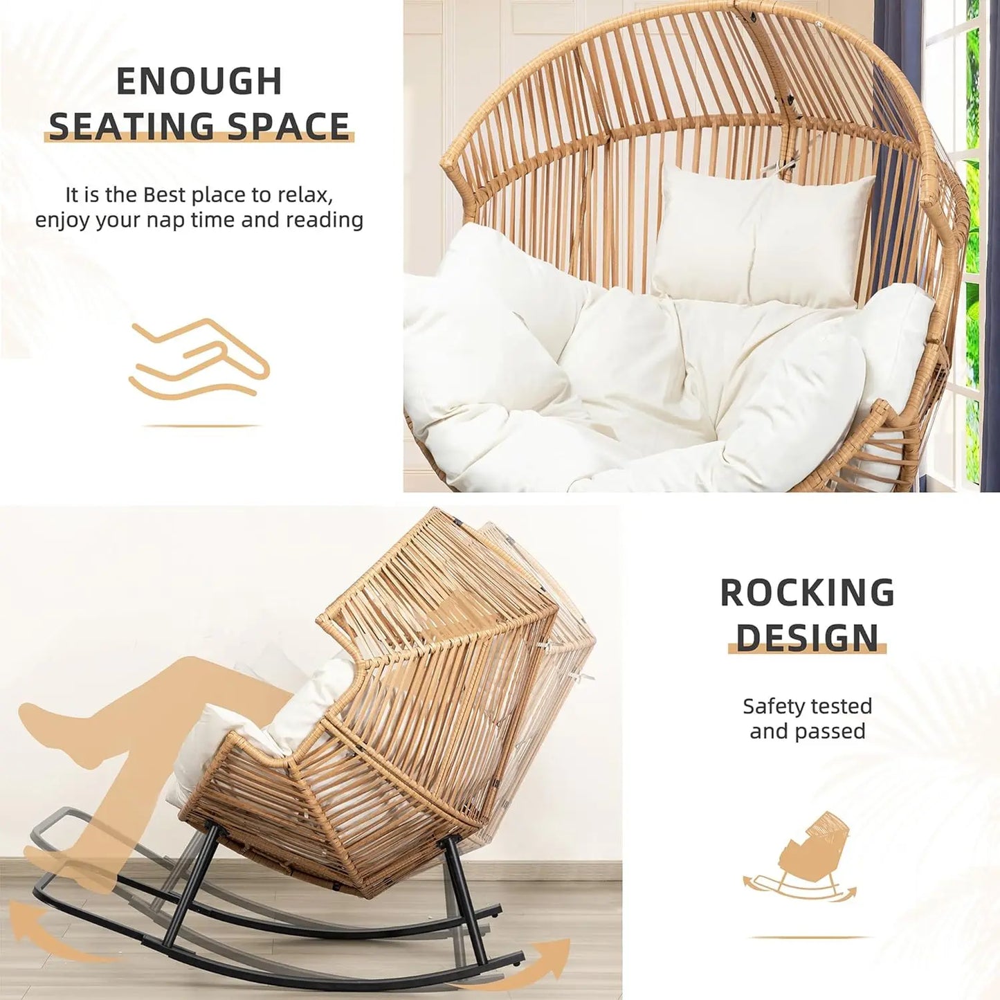Oversized PE Rattan Egg Rocking Chair with Cushion