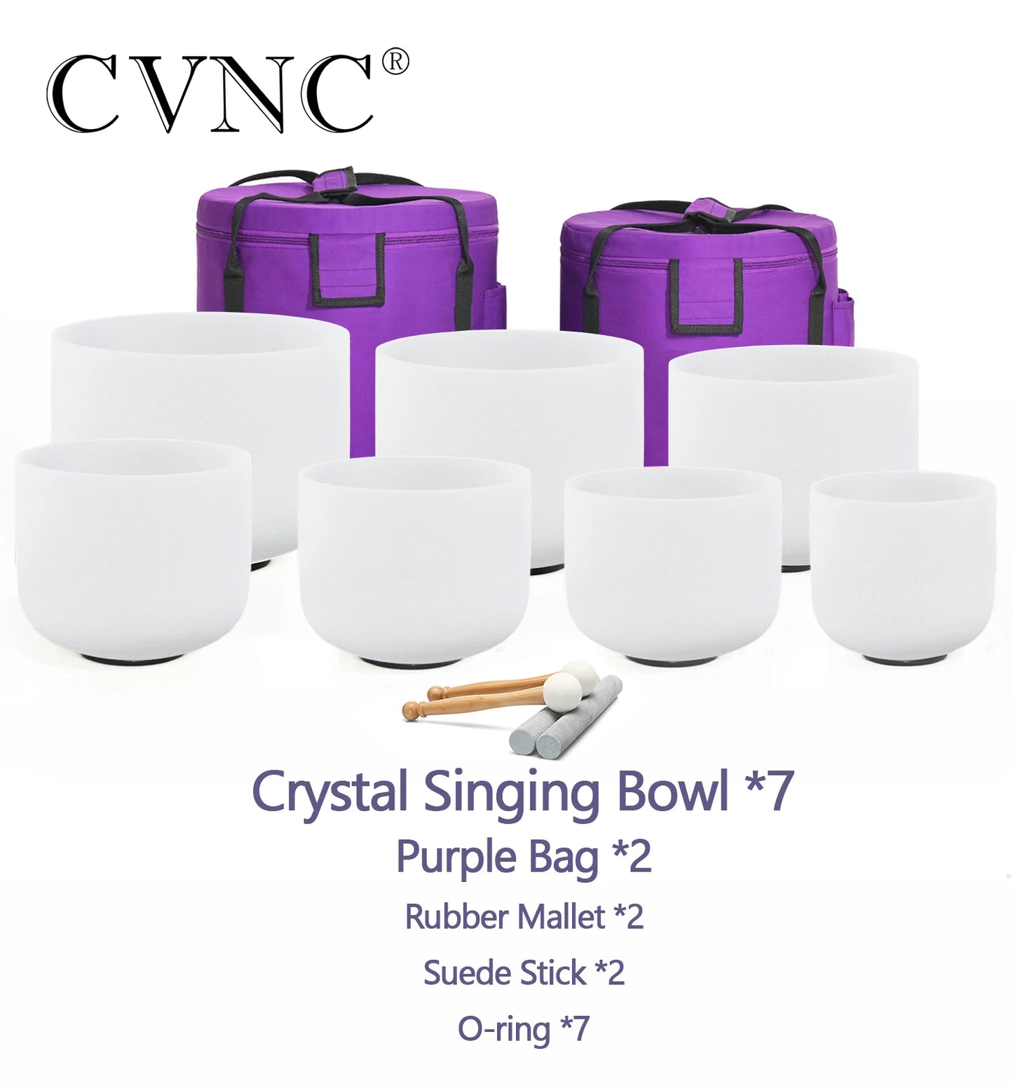 CVNC 7-Piece Colored Frosted Quartz Crystal Singing Bowls Chakra Set (6–12 Inches)