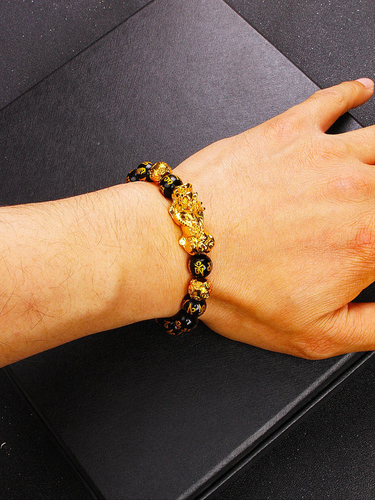 10mm Gold Pixiu Black Obsidian Dragon Mantra Bracelet