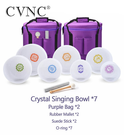 CVNC 7-Piece Colored Frosted Quartz Crystal Singing Bowls Chakra Set (6–12 Inches)