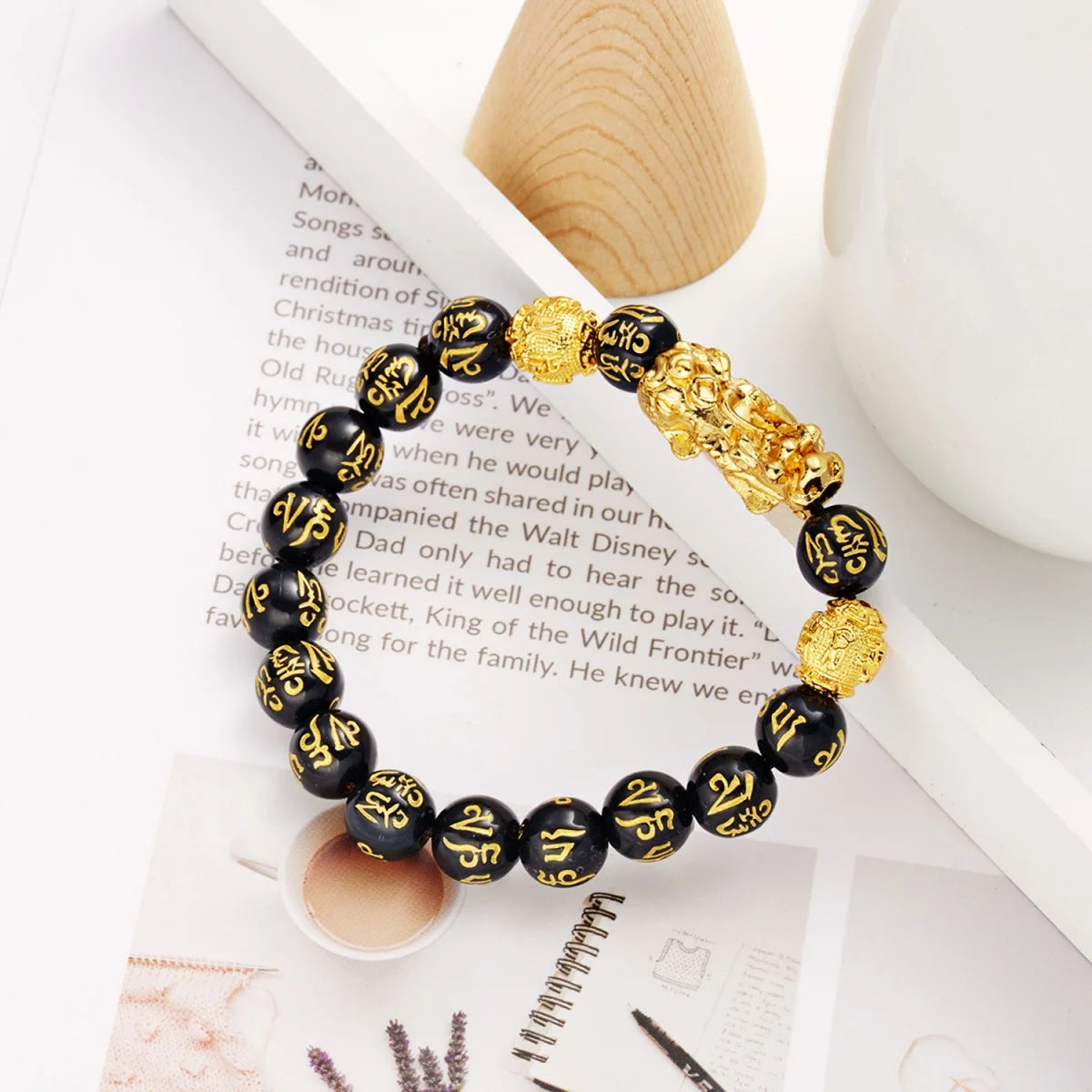 Gold-Color Pixiu Black Obsidian Feng Shui Wealth Bracelet