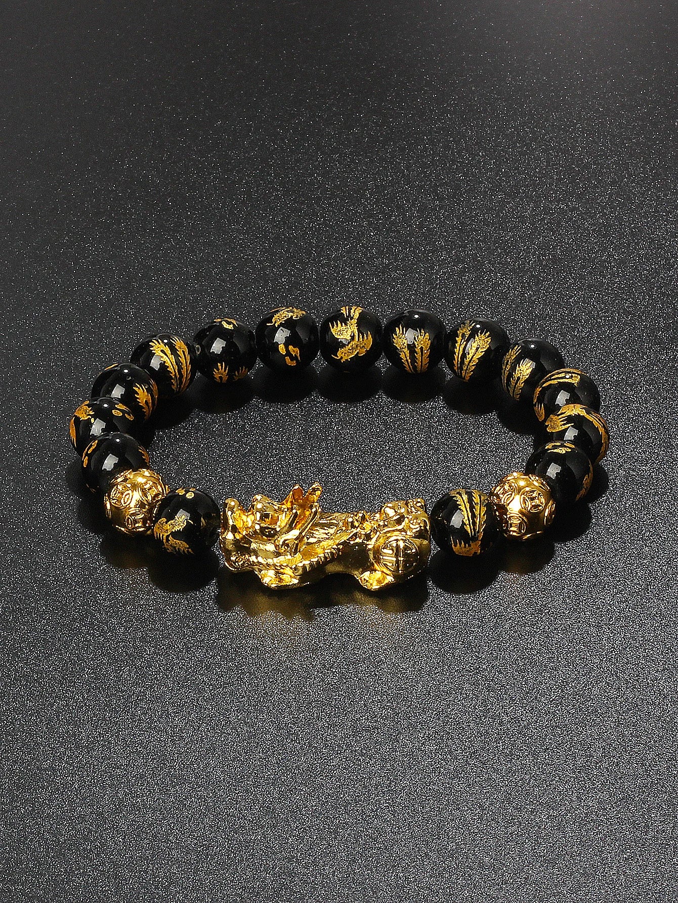 10mm Gold Pixiu Black Obsidian Dragon Mantra Bracelet
