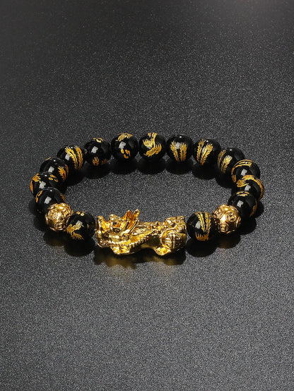 10mm Gold Pixiu Black Obsidian Dragon Mantra Bracelet