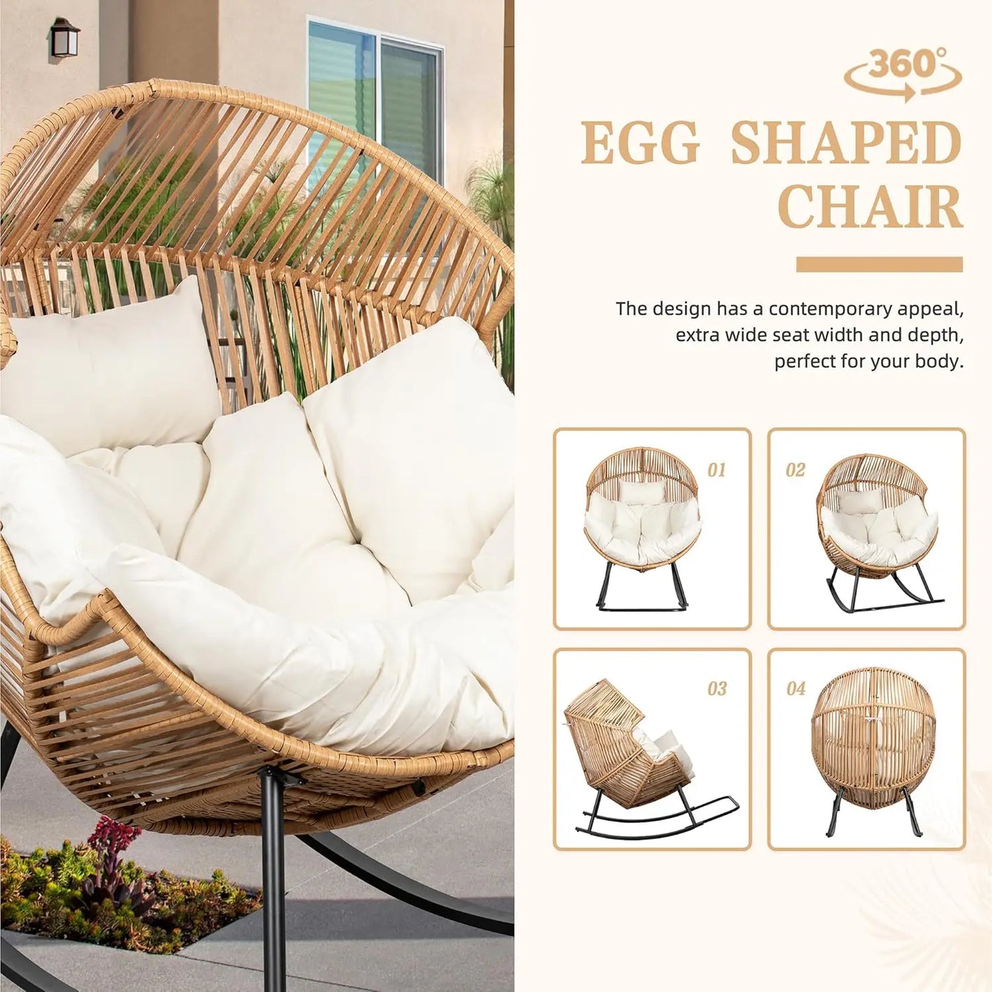 Oversized PE Rattan Egg Rocking Chair with Cushion