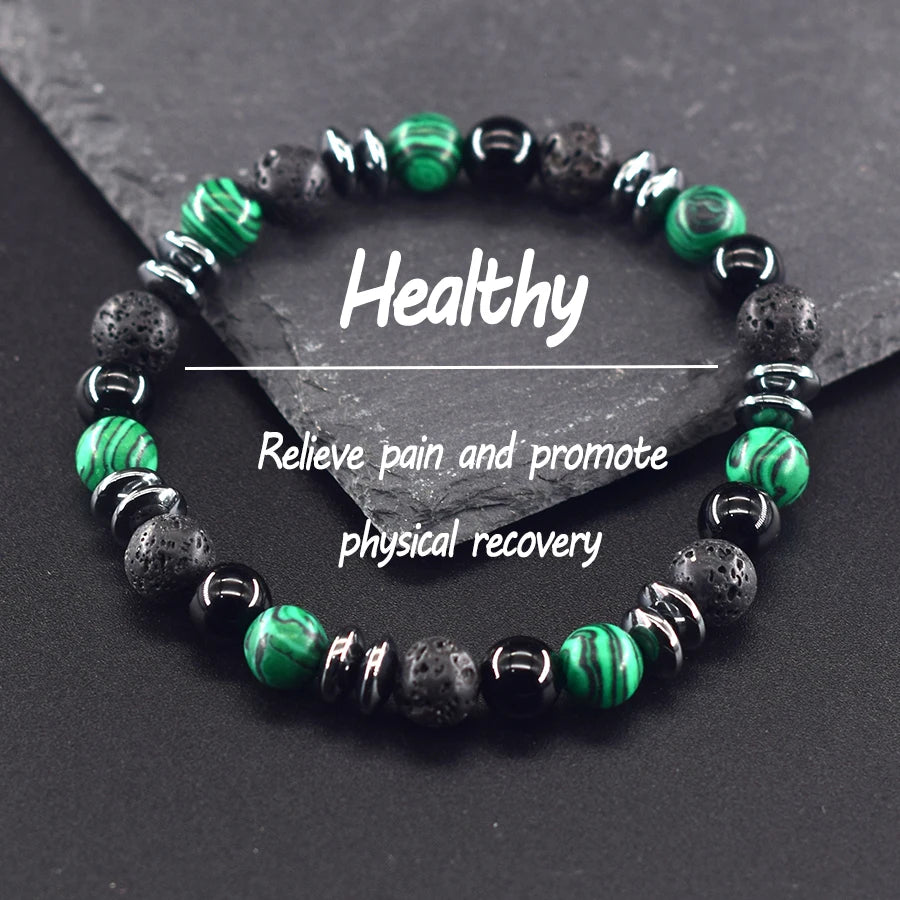 Classic Black Natural Labradorite and Volcanic Stone Beads Bracelet