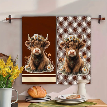 2-Piece Highland Cow Brown Plaid Kitchen Towel Set