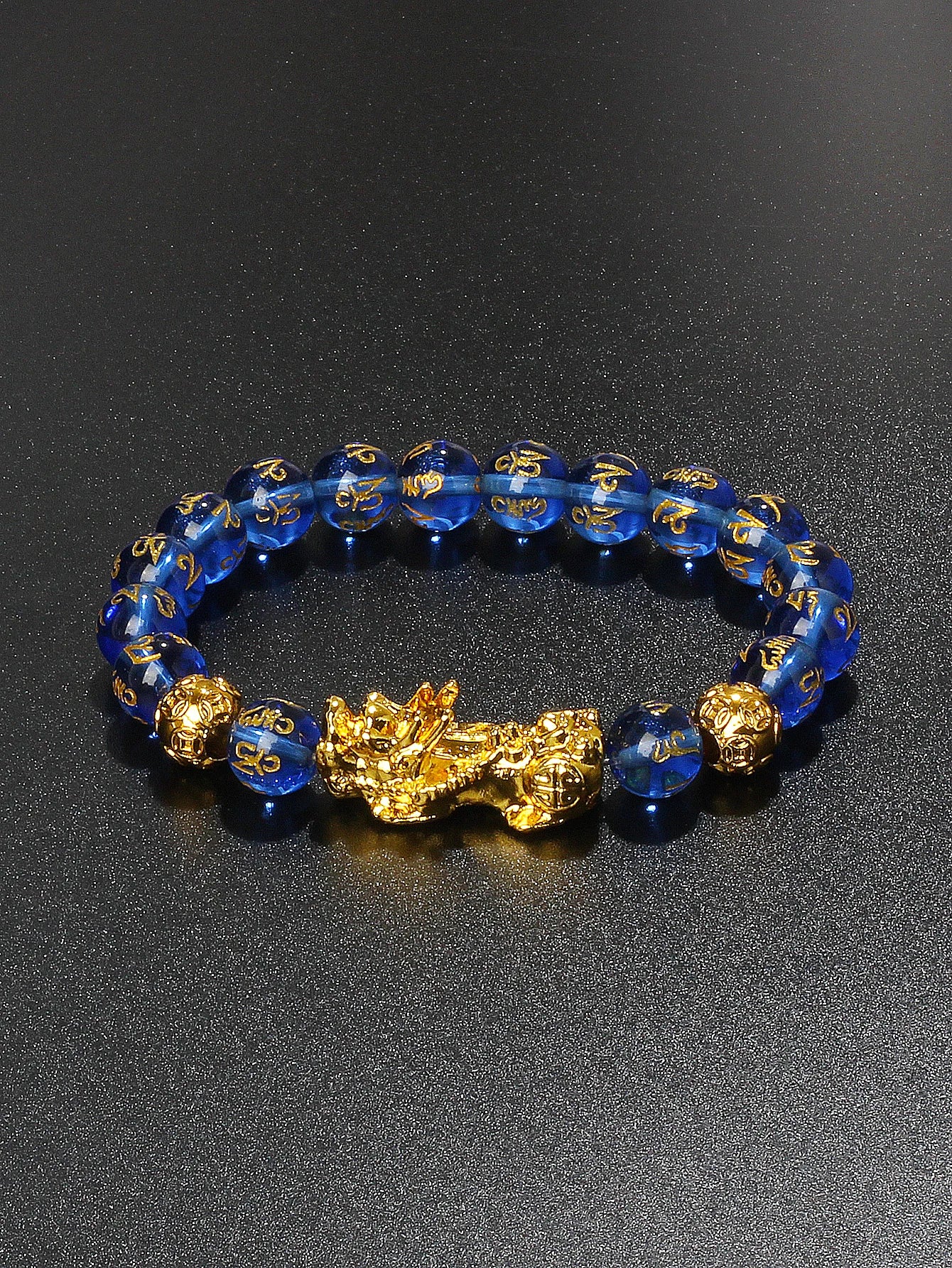 10mm Gold Pixiu Black Obsidian Dragon Mantra Bracelet