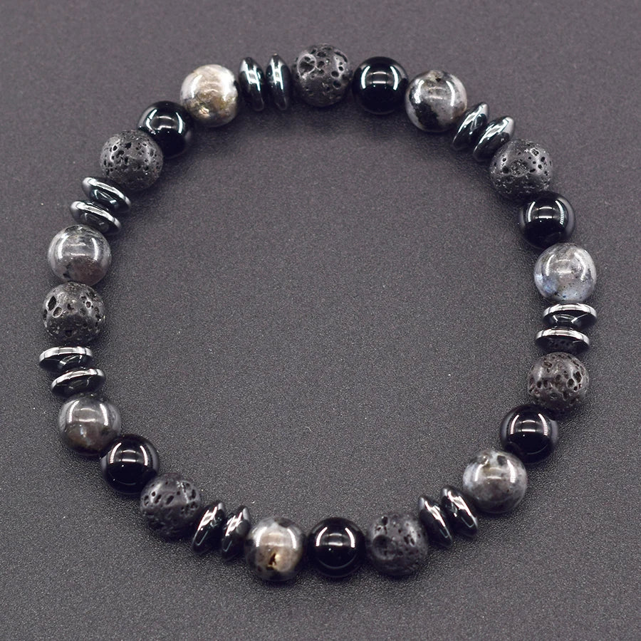 Classic Black Natural Labradorite and Volcanic Stone Beads Bracelet