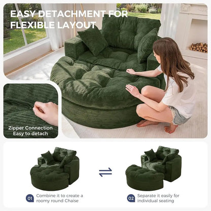 Large Round Upholstered Chaise Lounge Sofa with 3 Matching Pillows and Ottoman
