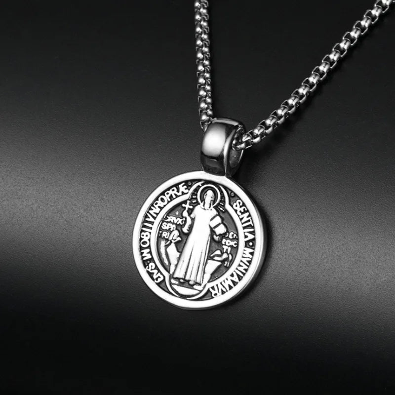 Stainless Steel Saint St. Benedict Collar Medal Necklace