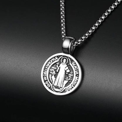 Stainless Steel Saint St. Benedict Collar Medal Necklace