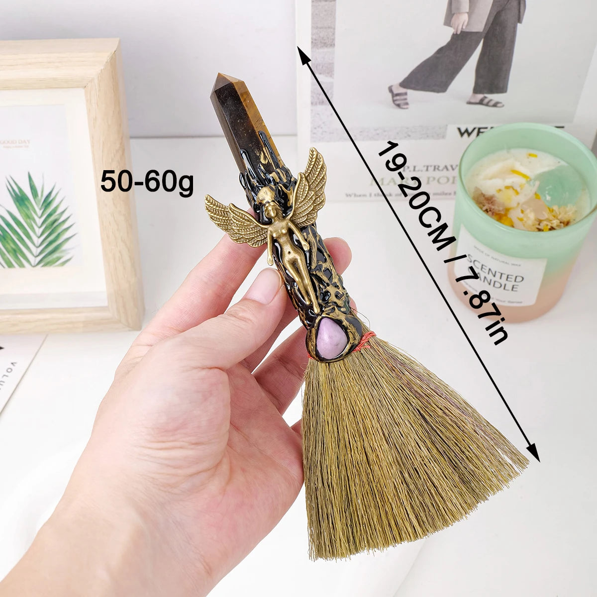 1PC Natural Crystal Point Stone Amethyst Feather Broom
