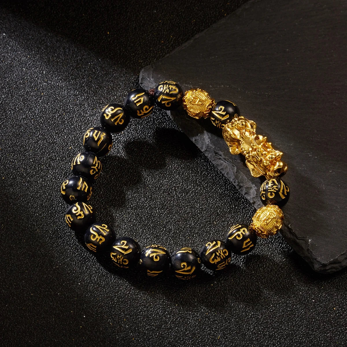 Gold-Color Pixiu Black Obsidian Feng Shui Wealth Bracelet