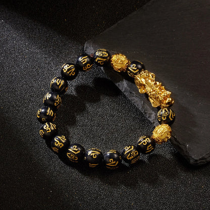Gold-Color Pixiu Black Obsidian Feng Shui Wealth Bracelet