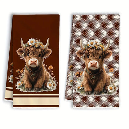 2-Piece Highland Cow Brown Plaid Kitchen Towel Set