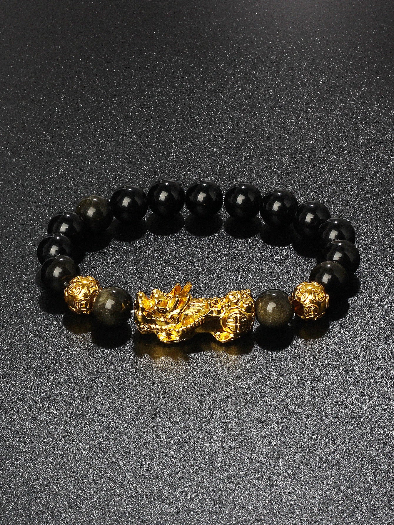 10mm Gold Pixiu Black Obsidian Dragon Mantra Bracelet