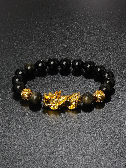 10mm Gold Pixiu Black Obsidian Dragon Mantra Bracelet