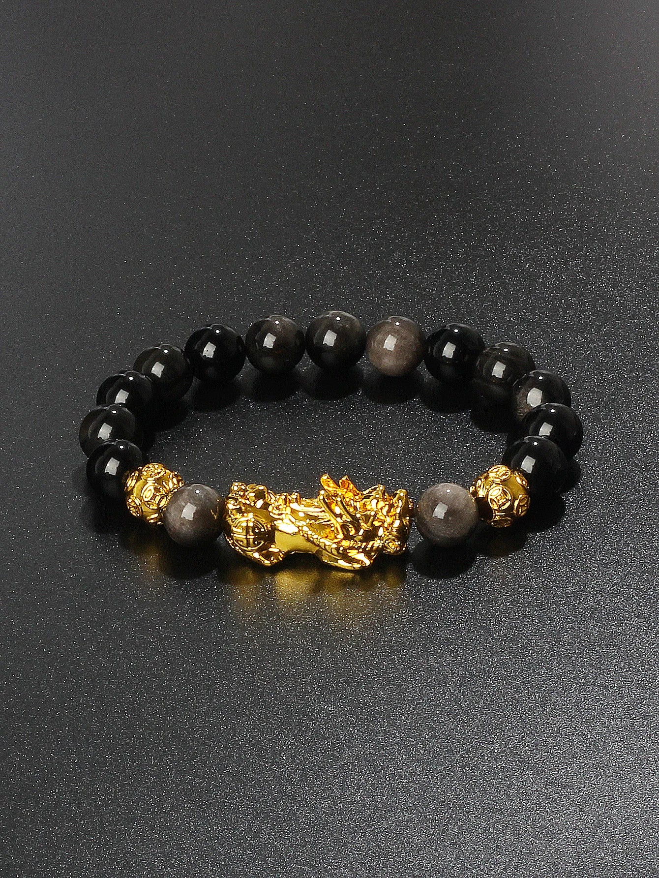 10mm Gold Pixiu Black Obsidian Dragon Mantra Bracelet