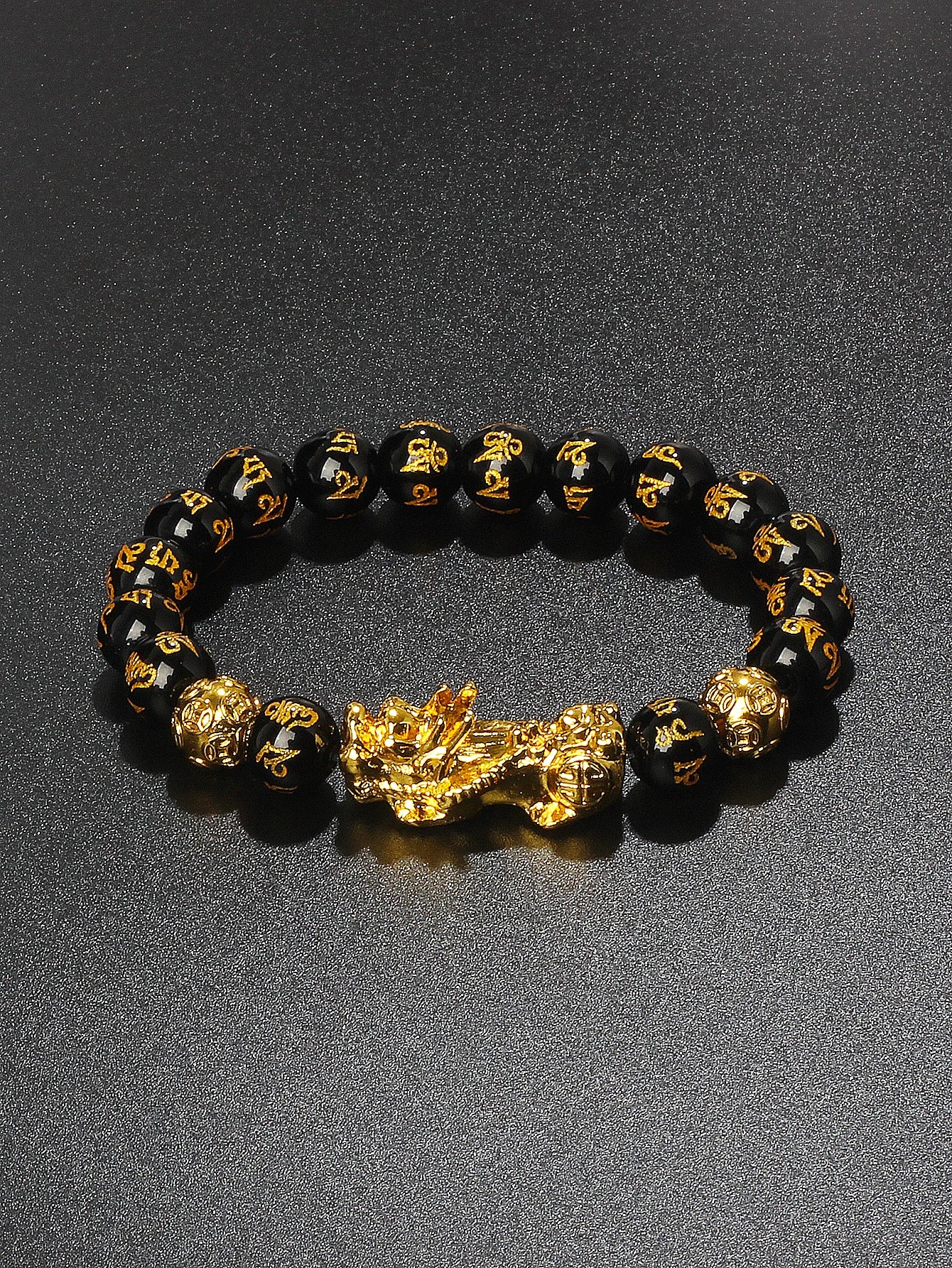 10mm Gold Pixiu Black Obsidian Dragon Mantra Bracelet
