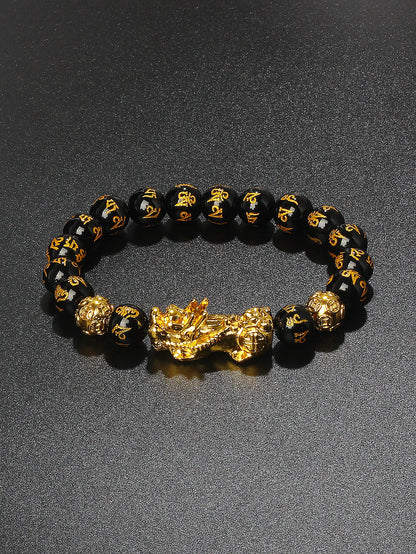 10mm Gold Pixiu Black Obsidian Dragon Mantra Bracelet