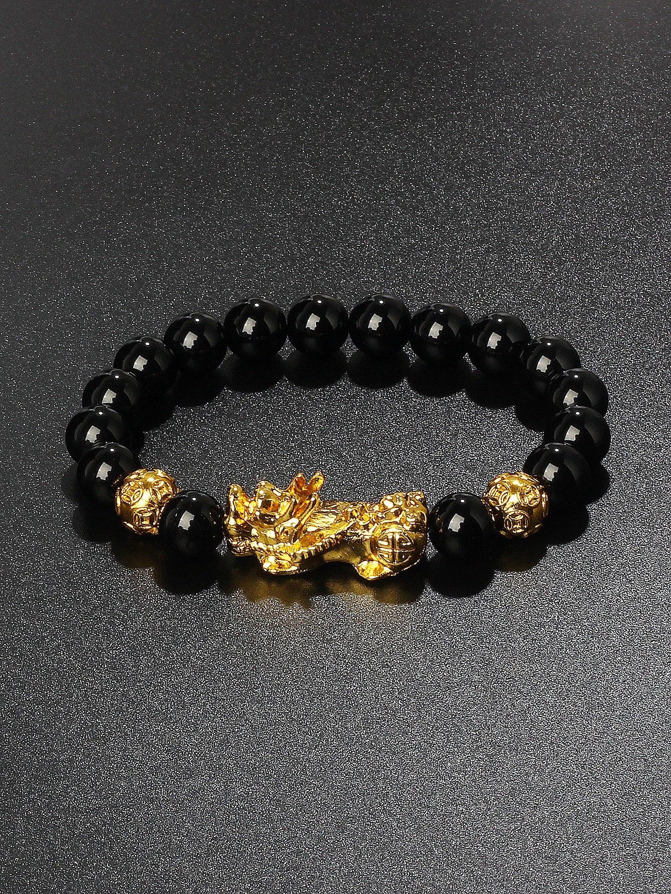 10mm Gold Pixiu Black Obsidian Dragon Mantra Bracelet