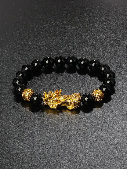 10mm Gold Pixiu Black Obsidian Dragon Mantra Bracelet