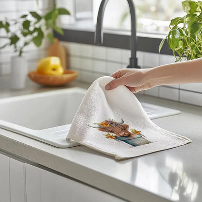 2-Piece Little Yellow Flower Highland Cow Kitchen Towel Set