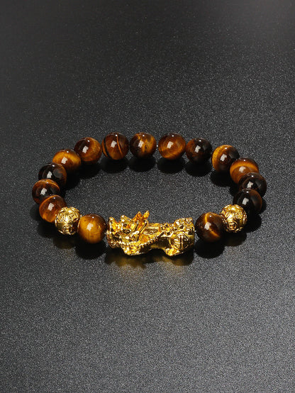 10mm Gold Pixiu Black Obsidian Dragon Mantra Bracelet