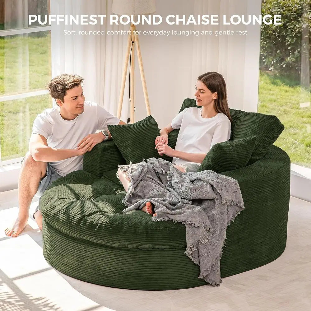 Large Round Upholstered Chaise Lounge Sofa with 3 Matching Pillows and Ottoman