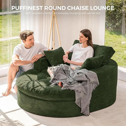 Large Round Upholstered Chaise Lounge Sofa with 3 Matching Pillows and Ottoman