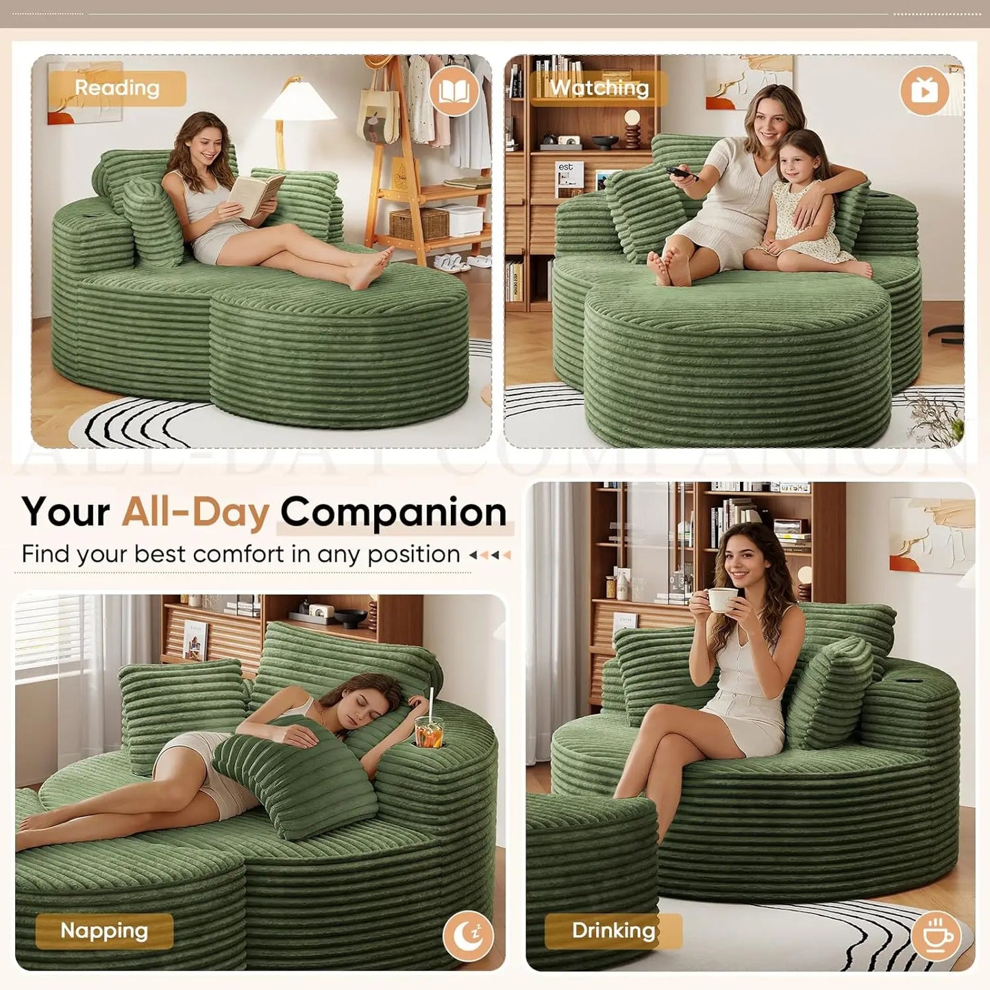 Oversized Round Chaise Lounge Sofa with Matching Ottoman