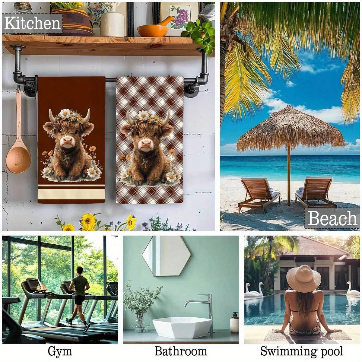 2-Piece Highland Cow Brown Plaid Kitchen Towel Set