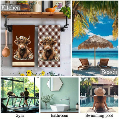 2-Piece Highland Cow Brown Plaid Kitchen Towel Set