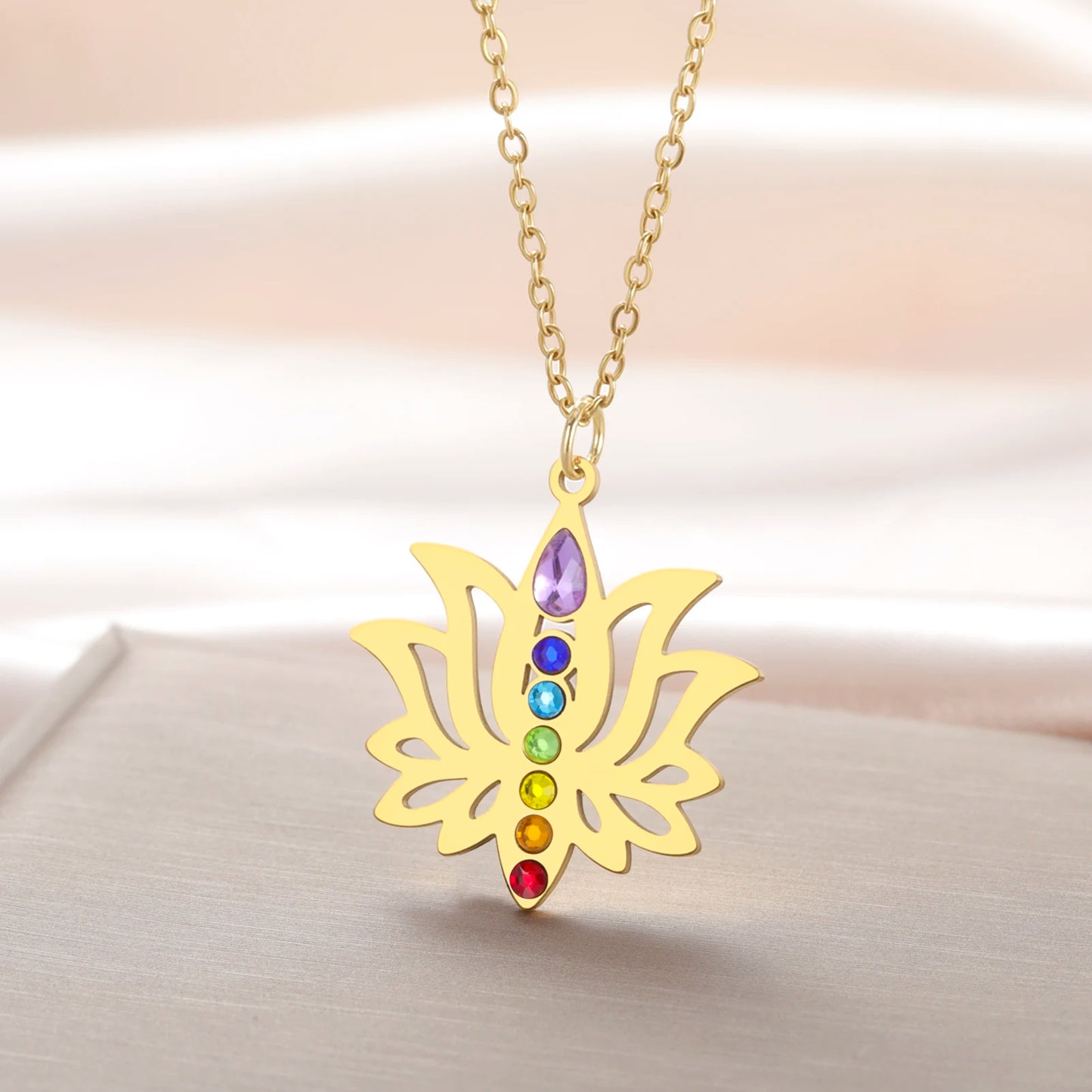 Gold-Plated 7 Chakra Lotus Flower Necklace
